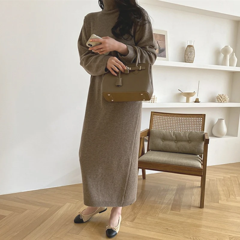 

Blue Long Wool Dress Women Chic Elegant 2023 Autumn Winter Turtleneck Knitted Vestidos Ladies Korean Street Black Soft Knitwear