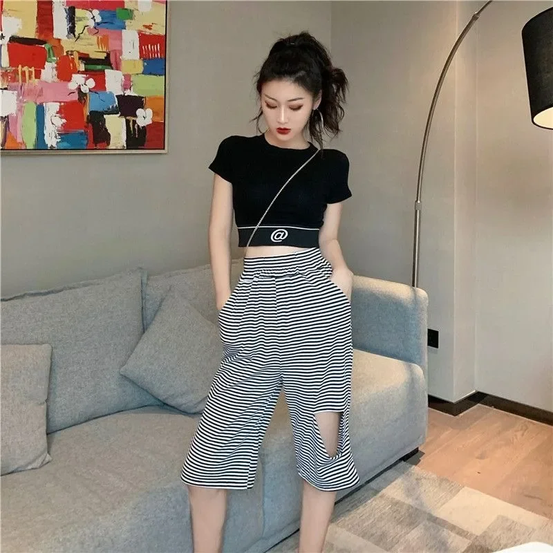 Women's Summer Knitted Short-sleeved Ins Slim-fitting Simple Versatile Outer Wear Show Navel Printed Short T-shirt Top