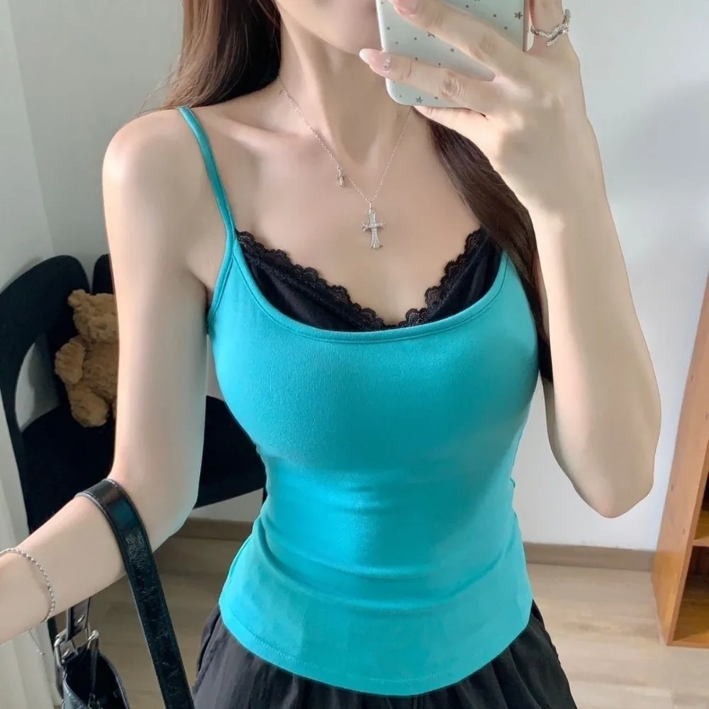 V-neck Sleeveless Tank Top Sleeveless Slimming Effect Lace Patchwork Camisole Lace Inlay Women's Crop Top