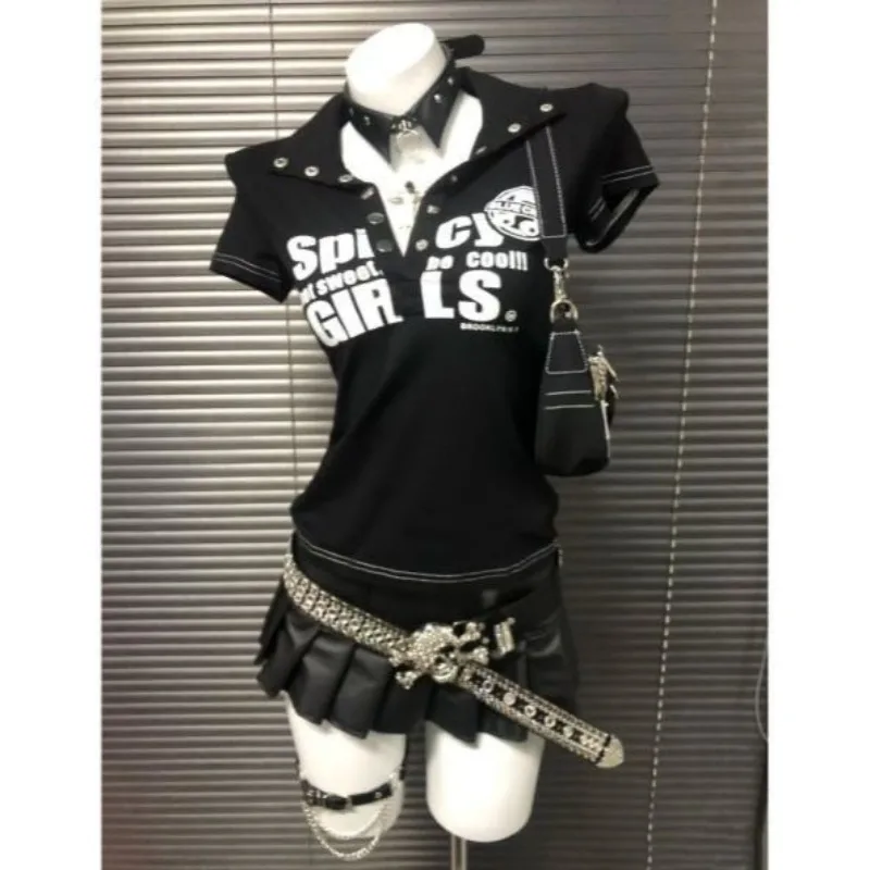 Y2k Women Subculture Goth Rock Punk Short Sleeve Tops T-shirts Spice Prints Skinny Fashion Vintage Summer Blackquick-drying