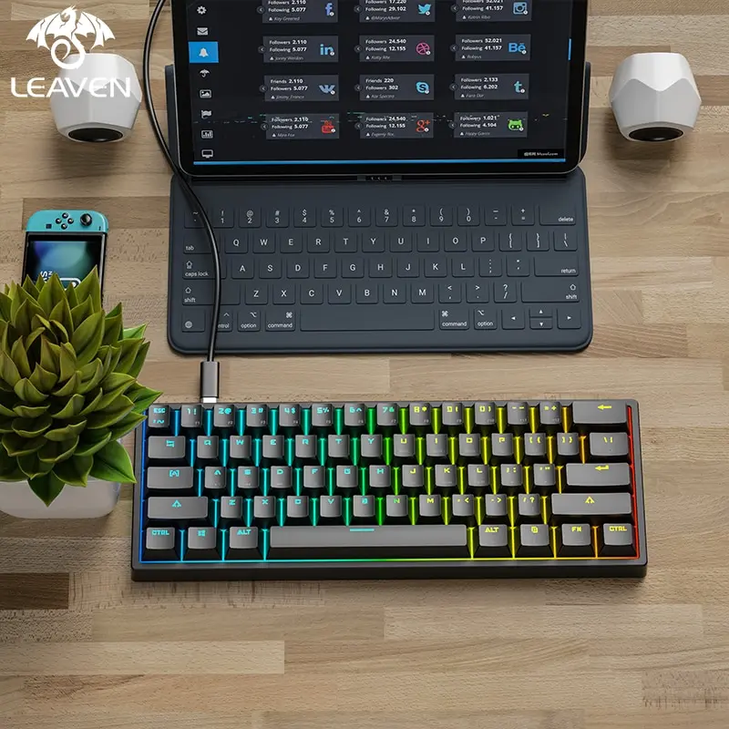 LEAVEN K620 Teclado mecánico con cable 61 teclas RGB luces ESports Gaming Oficina Personalidad Clave Accesorios de ordenador