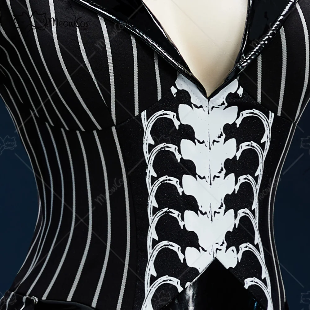 US Stock MEOWCOS Women's Halloween Sexy Bunny Girl Suit Black White Striped Irregular Bodysuit with Sleeves and Socks Costume view 3