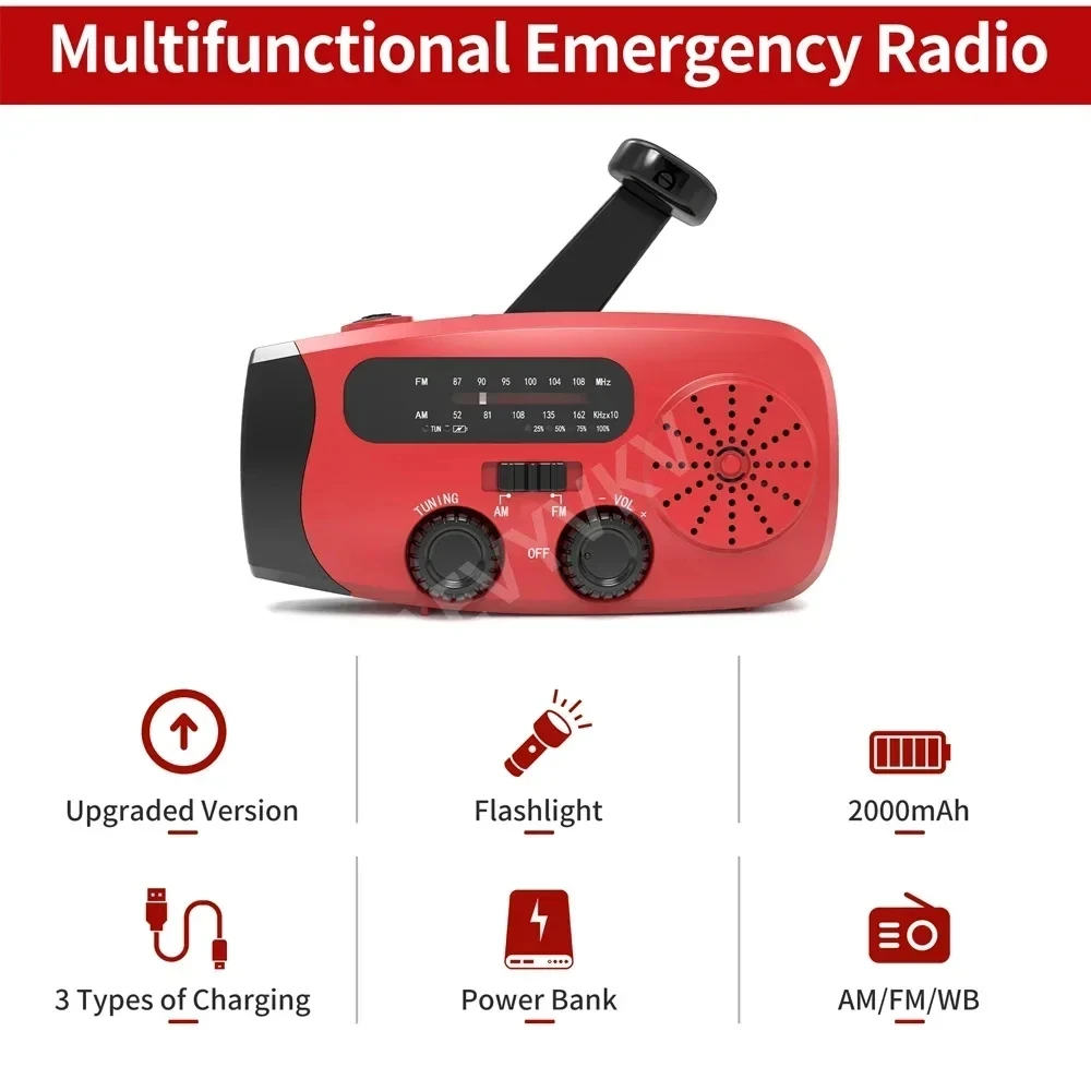 Multifunkční solární ruka kliková rádio FM AM WB NOAA počasí rádio 2000mah USB nabíjení bezodkladnost LED baterka energie zákaz