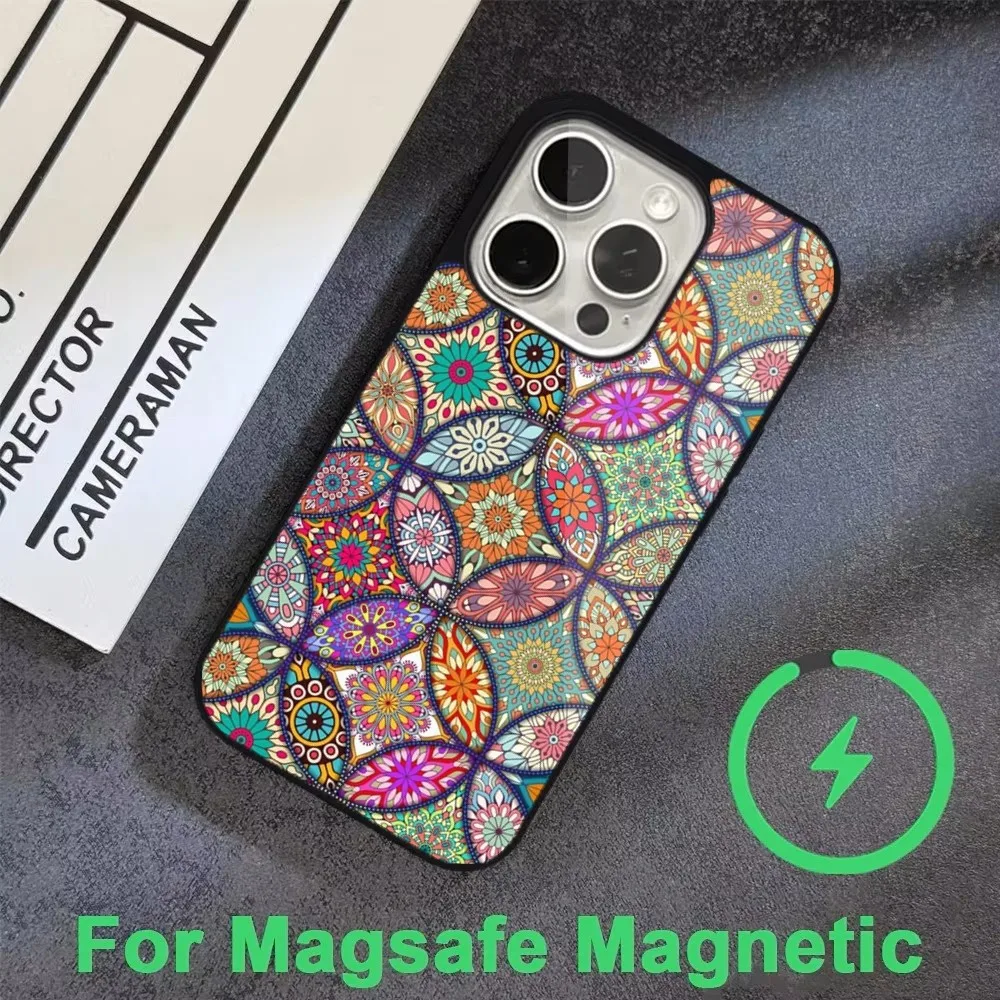 Kleurrijk patroon mandala telefoonhoesje voor iPhone 16,15,14,13,12,11,Pro,Max,Plus,Mini,Magsafe,Magnetische draadloze oplaadhoes