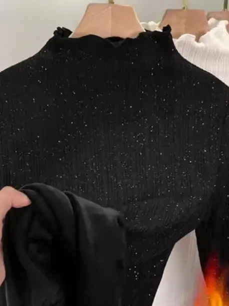 女性の厚手の長袖ニットセーターハーフハイカラー光沢のある糸耳カバー-2024-秋冬ファッションインナーウェア