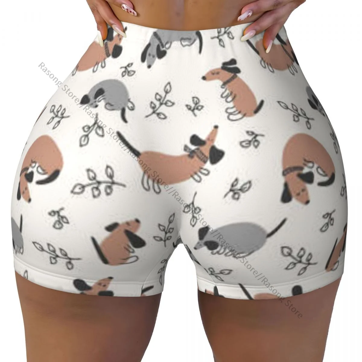 Pantaloncini da yoga da donna Pantaloncini da allenamento con stampa di bassotti e foglie Fitness ad asciugatura rapida da donna Yoga Gym Running Pantaloni corti Abbigliamento sportivo