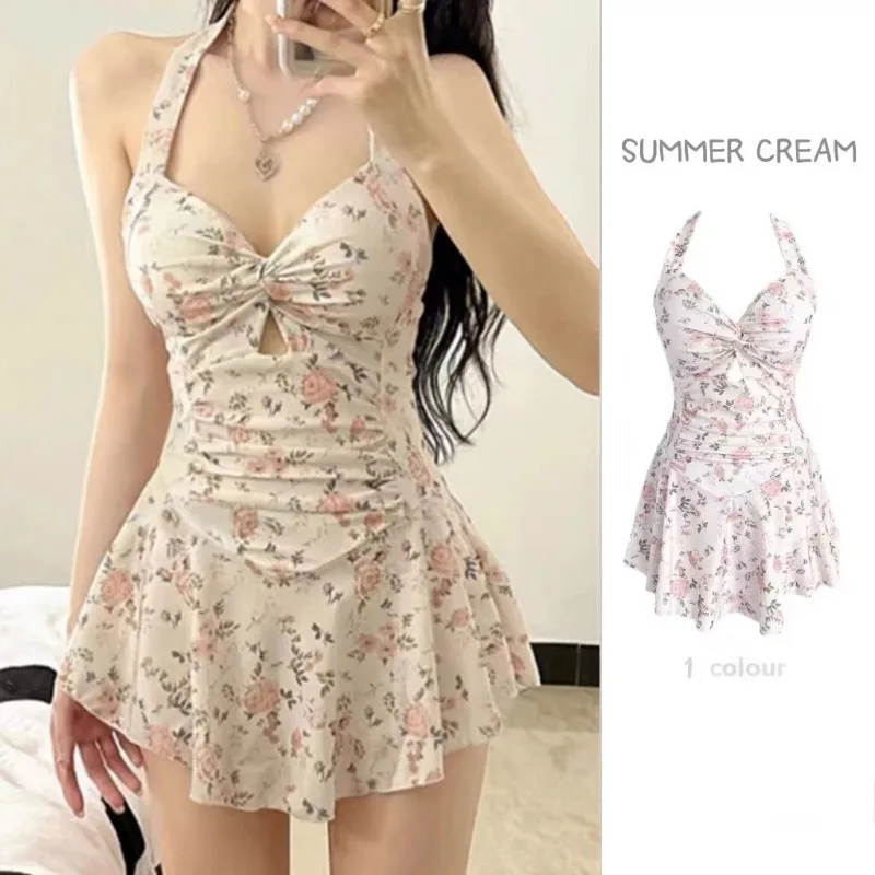 Swimming Suit for Women Solid Color Slimming One-piece Dress Style Conservative Waist Tightening Slimming Vacation Swimsuit