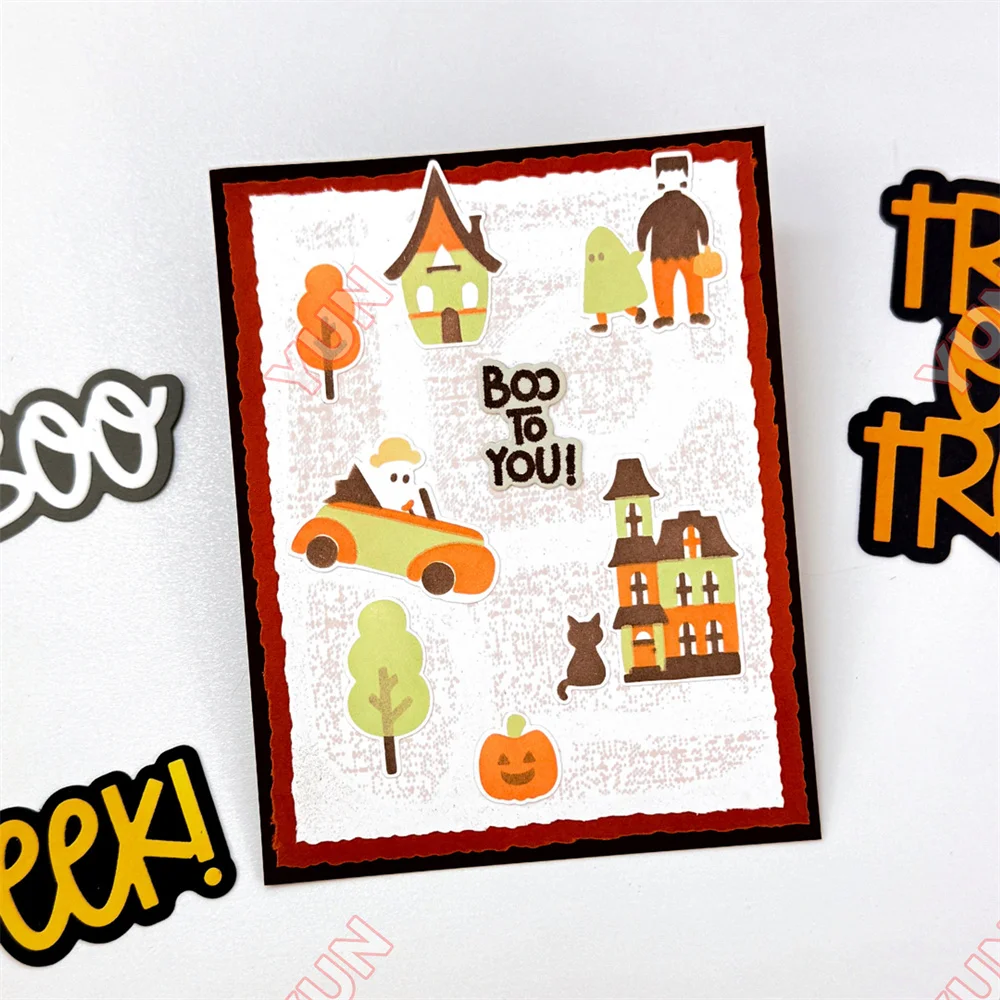 2025 New Metal Cutting Dies Halloween Haunted Boo Eek! Ghost Hugs Die & Clear Stamp Combo Stencils Scrapbooking DIY Cards Craft