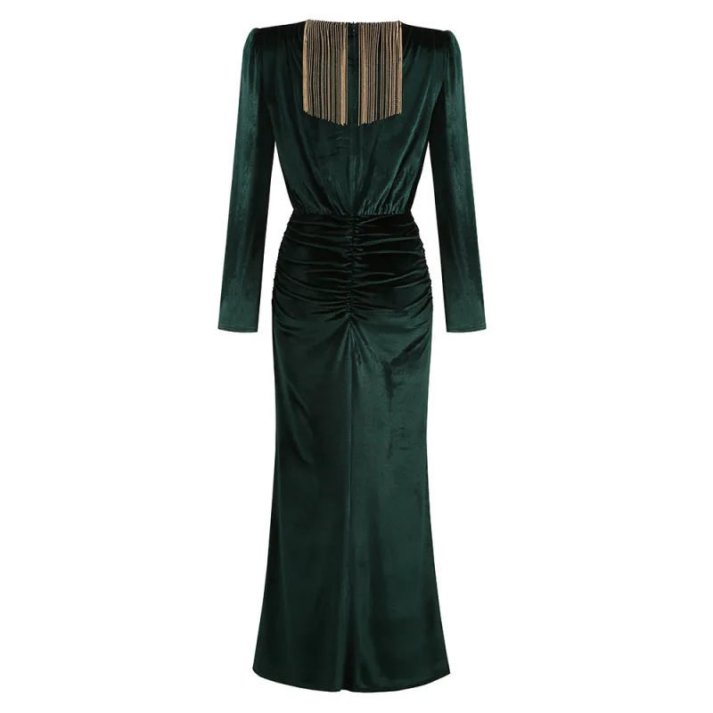 Elegantes Damen-Abendkleid mit V-Ausschnitt, Ballkleid mit langen Ärmeln, modisches Luxus-Party-Outfit mit plissiertem Schlitz