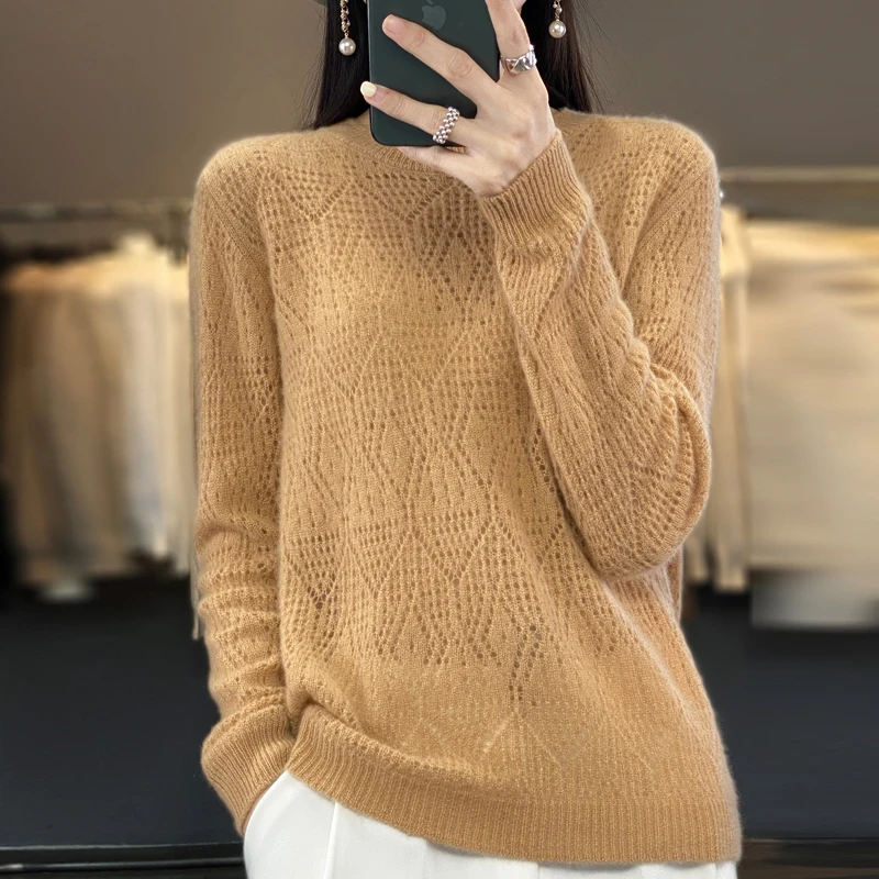 Spring Autumn New 100 Woolen Sweater Women\'s Low Round Neck Pullover Knitted Hollow Out Thin Solid Color Bottom Loose Top Trendy