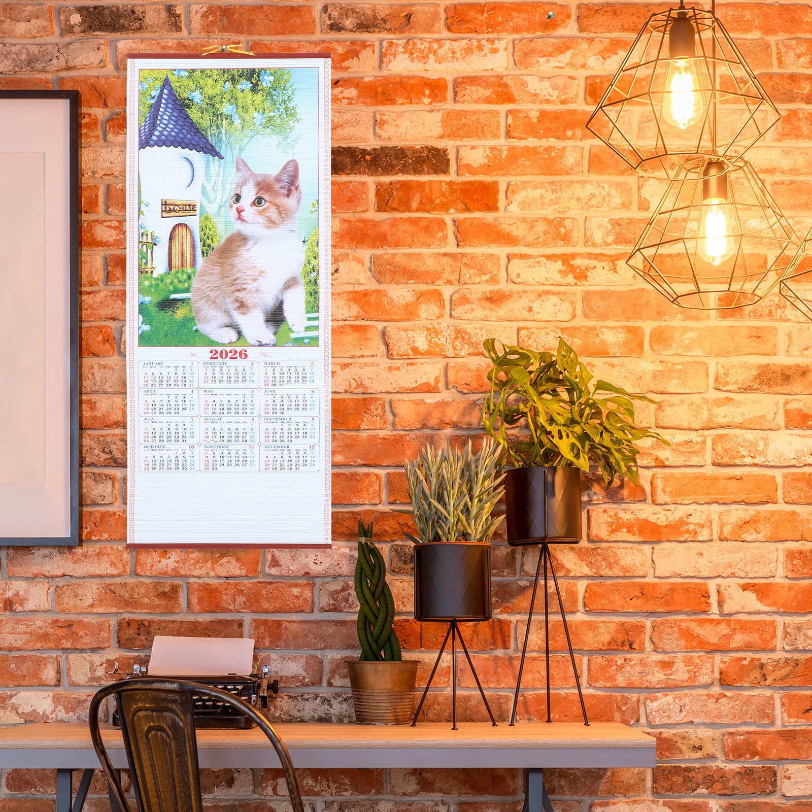 

2026 Horse Year Faux Rattan Hanging Scroll Calendar Traditional Chinese Lunar Wall Calendar for Room Decoration