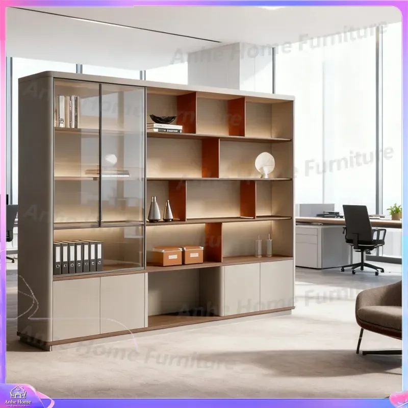 Modern Wooden Bookcase Office Storage Cabinet Luxury Boss Desk File Organizer Open Shelf Display Unit Home Furniture Locker