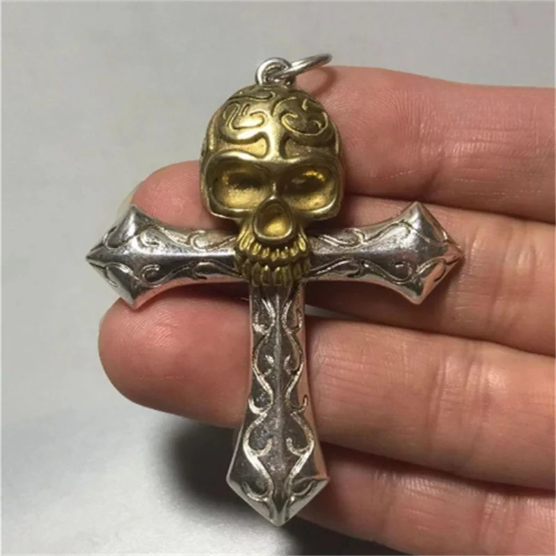 Mai Chuang/ Hand Made Creation/ Old Tibetan Silver Dark Retro Trendy Skull Cross Necklace Pendant Men's and Women's Jewelry Gift