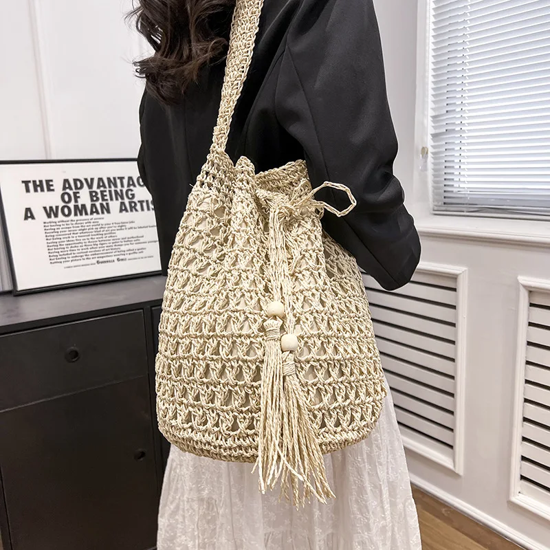 Straw Bag Female Summer Shoulder Beach Bag Large Capacity Bucket Women Crossbody Bags Fashion Drawstring Woven Travel Handbag