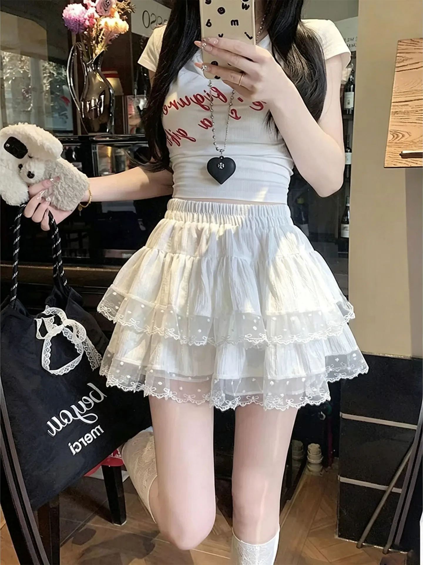 High Waist Lace Trim Half Skirt Cake Style Women's Summer New Fashion Anti-Light Puffy Short Skirt Casual Leisure Skirt