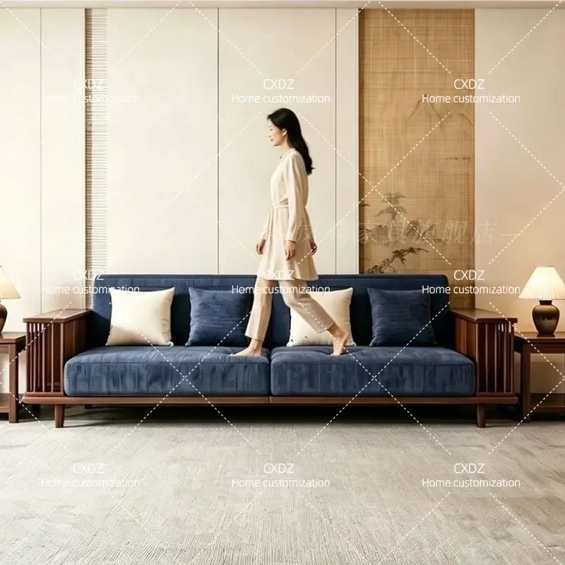 New Chinese Style Walnut Sofa Set Modern Minimalist Straight Row Couch for Small Apartment Living Room High Aesthetic