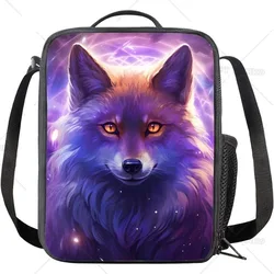 Ice Fire Wolf Fox Cool Animal Print Insulated Lunch Box for Women Men Boys Cooler Reusable Purple Galaxy Wolf Lunch Bag for Work