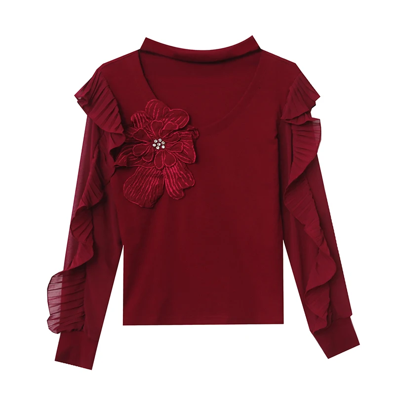 Korean Version Cotton 3D-demension Ruffles Female Autumn Winter Woman Pullover T-shirt Stand Collar Splicing Flowers Solid image 5