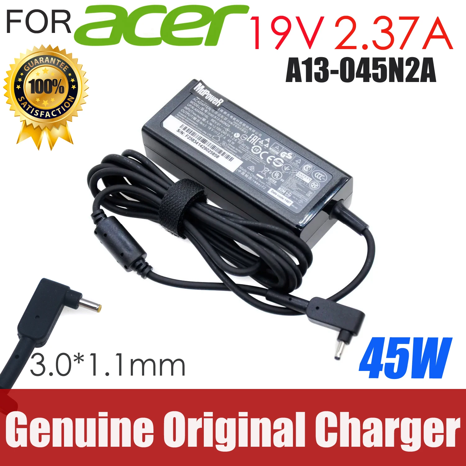 

For Acer Ultrabook AC Adapter Mini Charger Original Power Supply A13-045N2A PA-1450-26 A045R021L 45W 19V 2.37A 3.0*1.1mm OEM