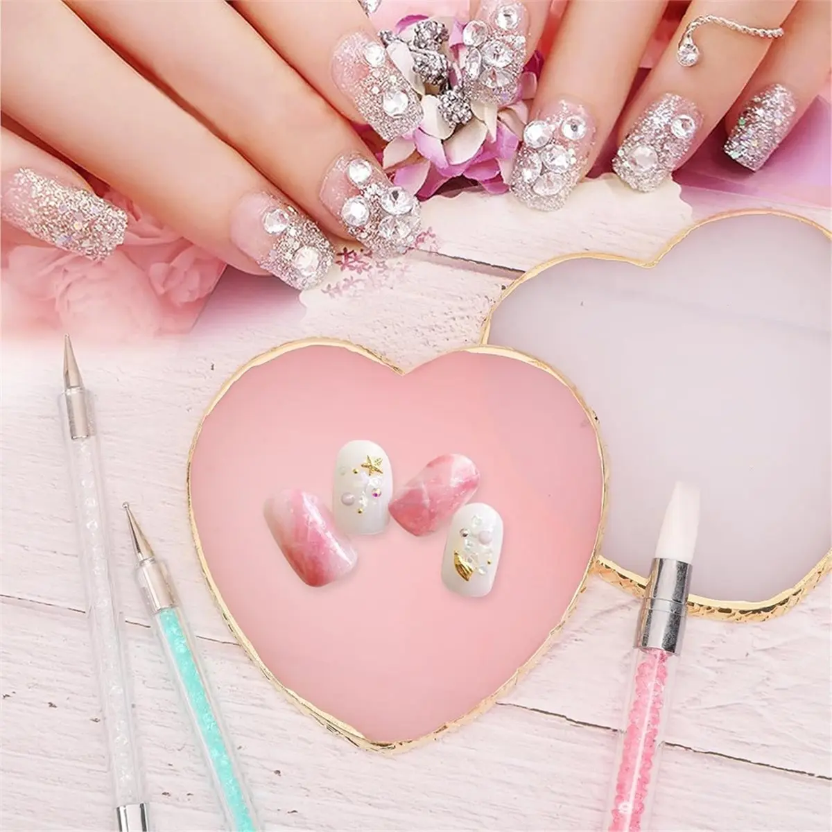 Resin Nail Art Palette, Nail Art Painting Nail Polish Palette Palette Gold Edge, Color Display Nail Art Tools. White