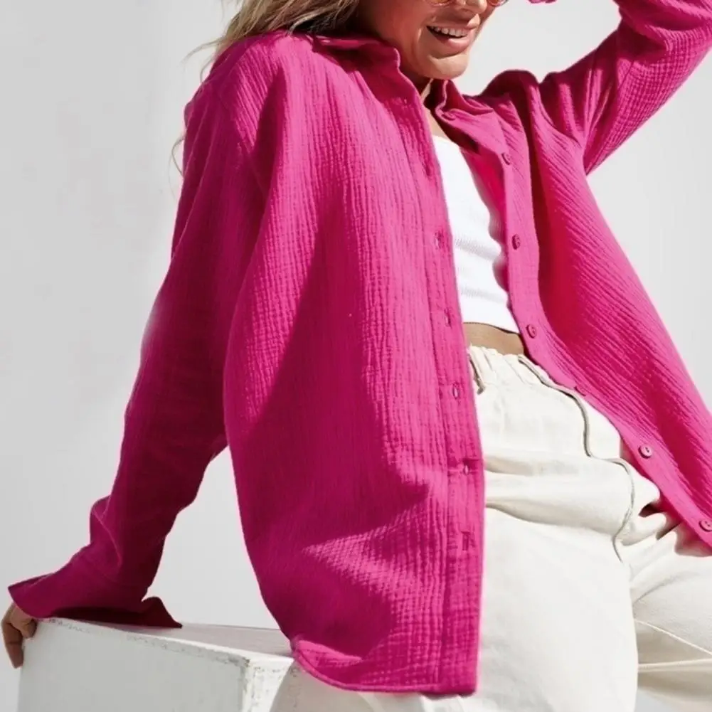 قميص نسائي أبيض سادة ، سيدة غير رسمية للمكتب ، مطوية للأسفل ، أكمام طويلة ، تونك ، توبات فضفاضة ، الربيع ، الخريف ،!