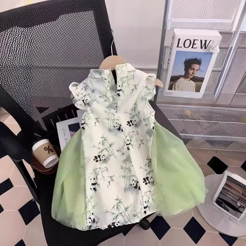 XH-Girls' Summer Dress2024New Baby National Style Cheongsam Dress Little Girl Hanfu Children's Mesh Princess Dress