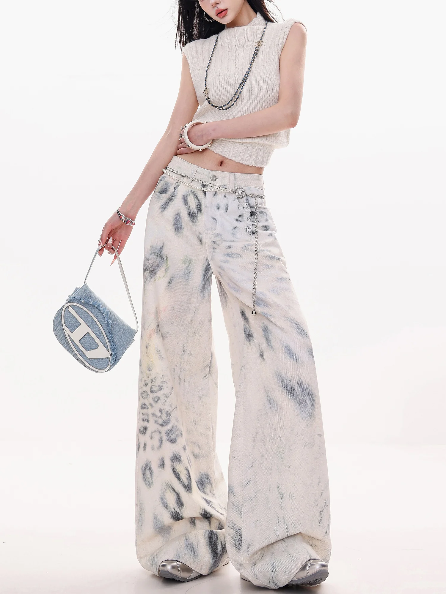 

Свободные джинсы с широкими штанинами и эффектом тай-дай для женщин, осенне-зимняя новинка, оригинальные повседневные джинсы ABWLR с леопардовым принтом