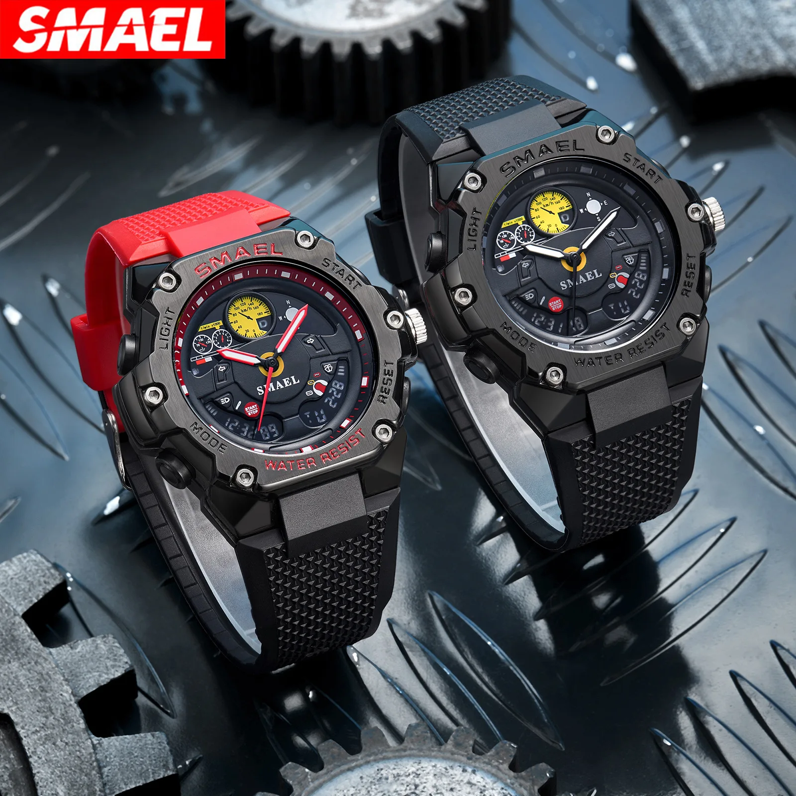 SMAEL 8092 Quartz Watches for Men Dual Display LED Digital Sports WristWatch Fashion Car Dashboard Indicator Design Alarm Date