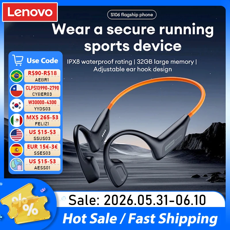 Lenovo – casque à conduction osseuse S106, Bluetooth 6.0, étanche IPX8, écouteurs MP3 HIFI, avec micro, pour la natation, 32 go