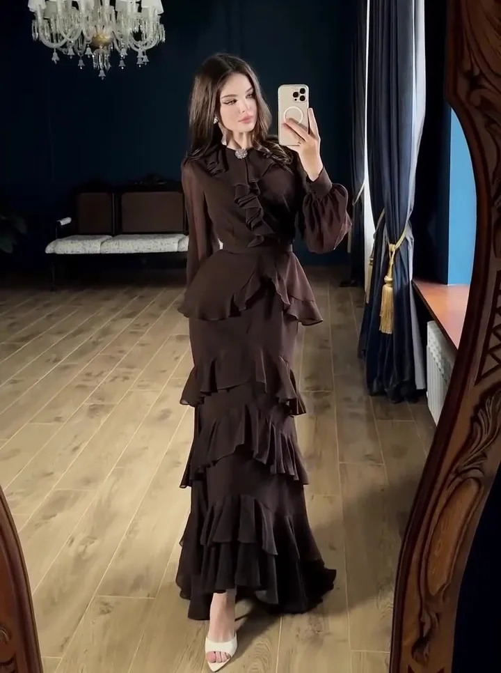 Elegant Solid Layered Ruffle Long Dress Women O Neck Long Sleeve Belt Chiffon Maxi Dress Autumn Wedding Guest Evening Party Robe