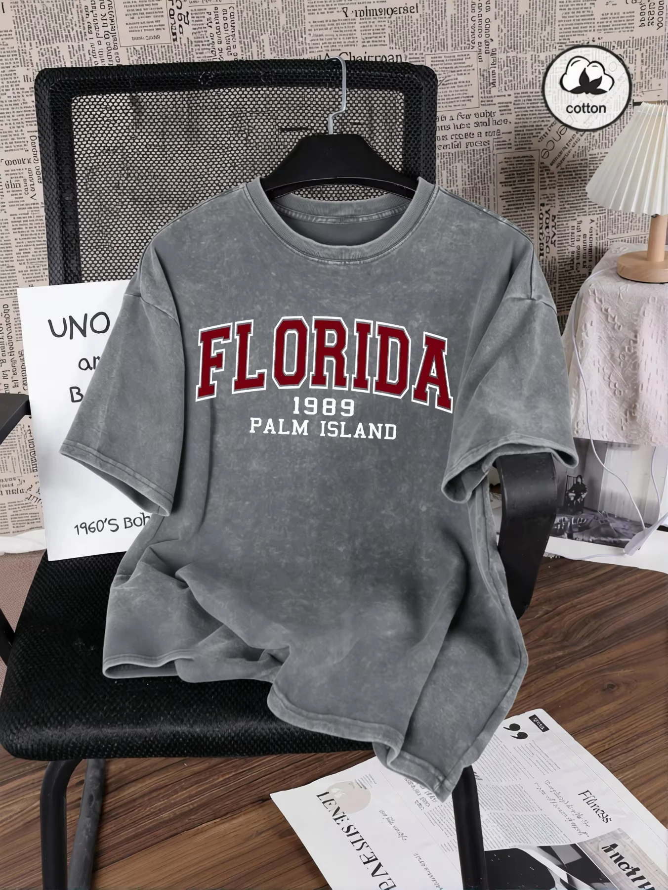 Florida 1989 Palm Island Print Washed T-Shirt Mens Summer Cotton T Shirts O-Neck Loose Clothes Multicolor Male Short Sleeve