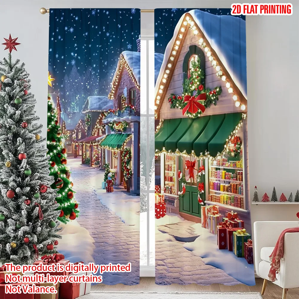 

2pcs 2D flat printing Christmas Party Curtain Candy Shop Snow Christmas Polyester Without Electricity Versatile Use for Living