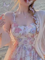 Women's Clothing Summer French Sexy Short Skirt Floral Suspenders Chiffon Dress Sun Protection Shirt Korean Version Beach Dress
