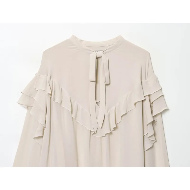 HipSeam Women Ruffled Blouse with Bow Autumn V Neck Long Sleeve Straight Hem Women's Shirt & Blouses Female Chic Tops