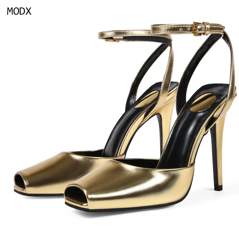 2026 Women Gold Metallic Peep Toe Ankle Strap High Heel Sandals Square Toe Slingback Buckle Party Club Evening Dress Shoes