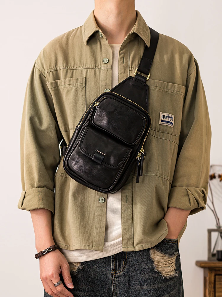 PNDME sports high-quality First layer cowhide men's chest bag fashion luxury handmade cow leather multi-pocket crossbody bag