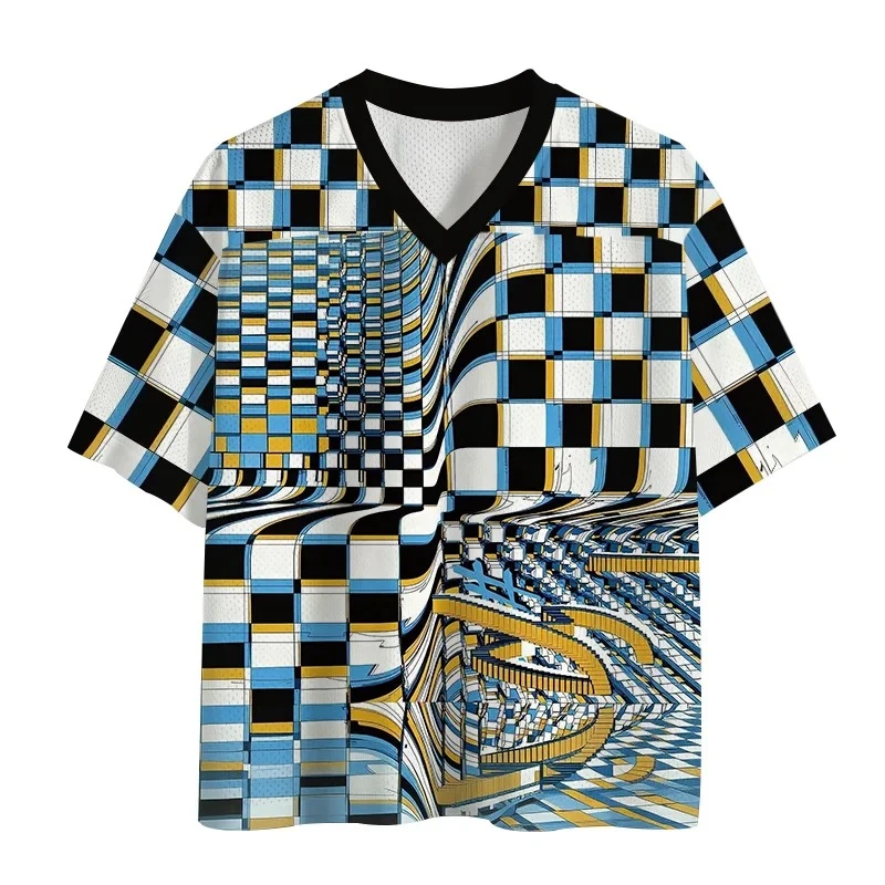 Japanese Style Checkboard Plaid V Neck Mesh 2026 Unisex Outdoor Fitness Short Sleeve Quick Drying T-Shirt