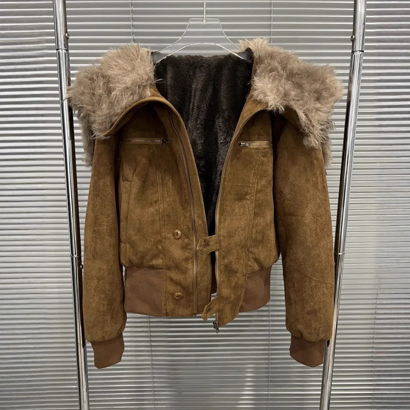 HKSH Jesień Zima Nowa Damska Ciepła Kurtka z Kapturem, Kołnierzem ze Sztucznego Futra, Zapinana na Zamek, Modna, Uniwersalna, Retro, Elegancka, Szykowna, Gruba Kurtka HK17027