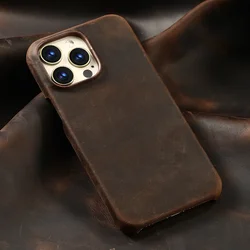 Genuine Crazy Horse Leather Case for iPhone 15 16 17 Pro Max 14 Plus 13 12 PULL-UP Cowhide Skin Matte Vintage Phone Armor Cover