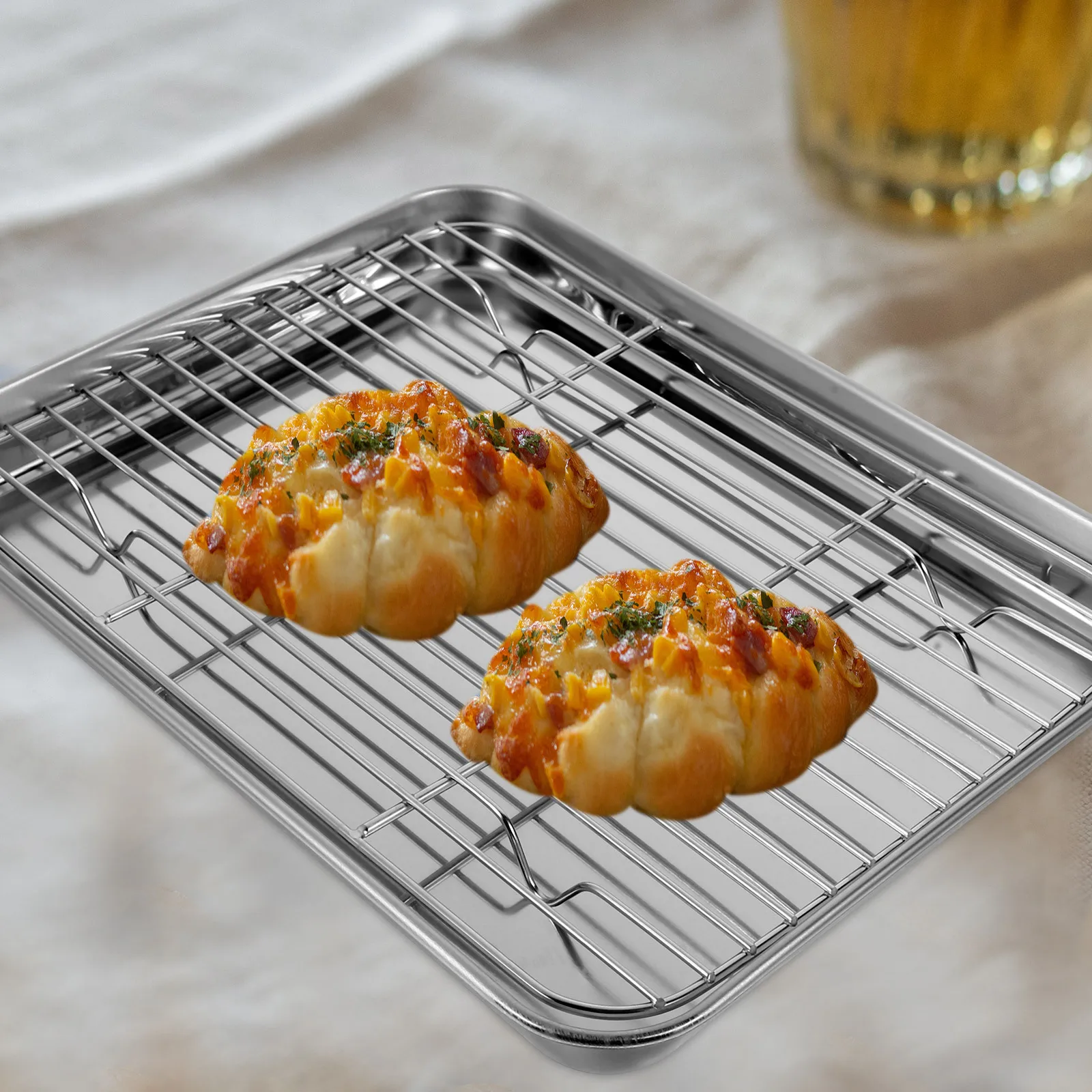 

2pcs Stainless Steel Baking Sheet Draining Oil Pan Set With Grid Rack Dishwasher Safe Heavy Duty Mirror Finish Separate Use