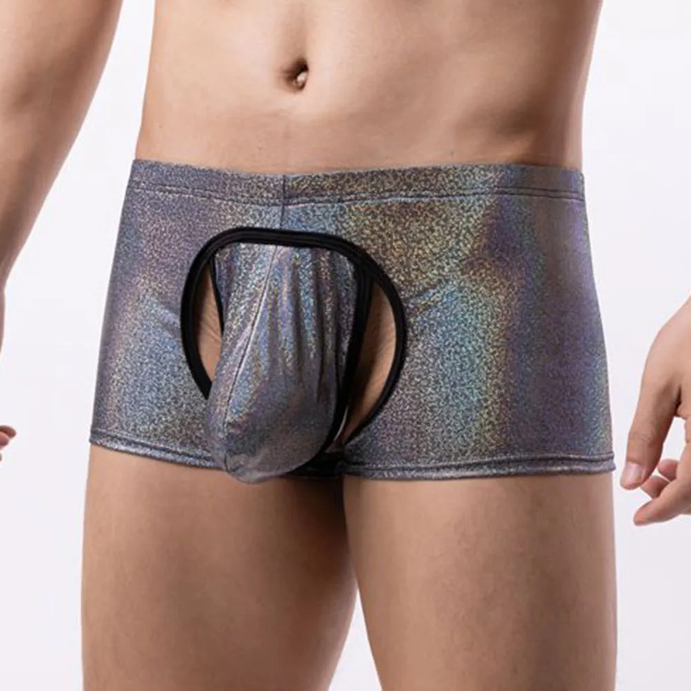 Sexy Men Oversized Shiny Hollow Out Briefs Panties Low Rise Pouch Bulge Underwear Open Lingerie Bottom Mens Shorts