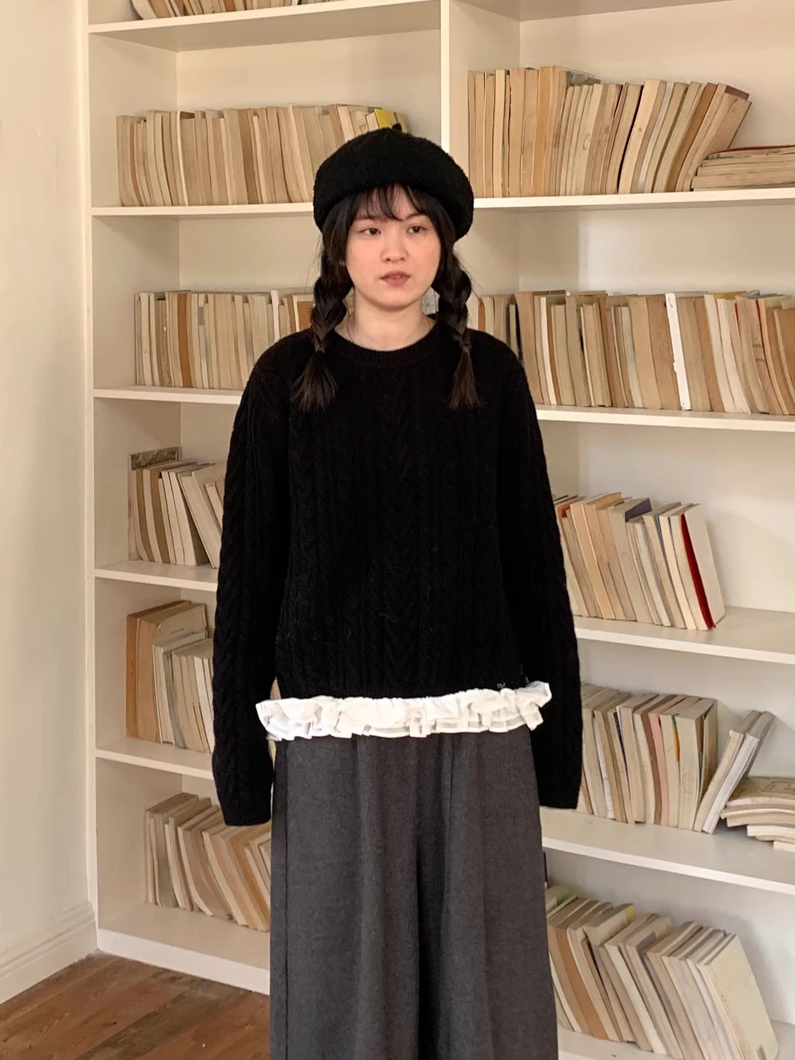 

Retro Japanese Sle Warmth Aosphere Sweater Heavy Work Earlet Splicing 00 Wool Layering Women's Long Sve round Ne