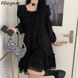 Black Lace Dress Women Lolita Style French Streetwear Square Collar Temper Y2k Clothing Autumn Vintage Fashion Vestidos Teens