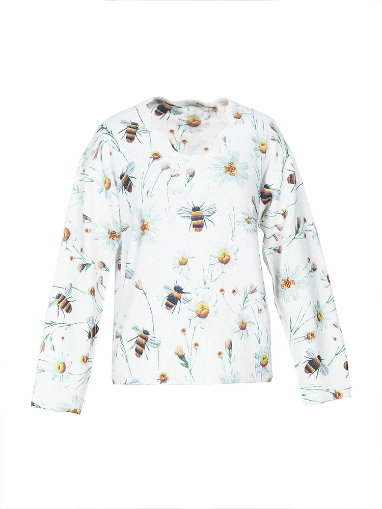 Damski luźny sweter z długim rękawem i dekoltem w szpic z nadrukiem pszczoły Jesienno-zimowy wydajny wybranie Wygodna dzianina