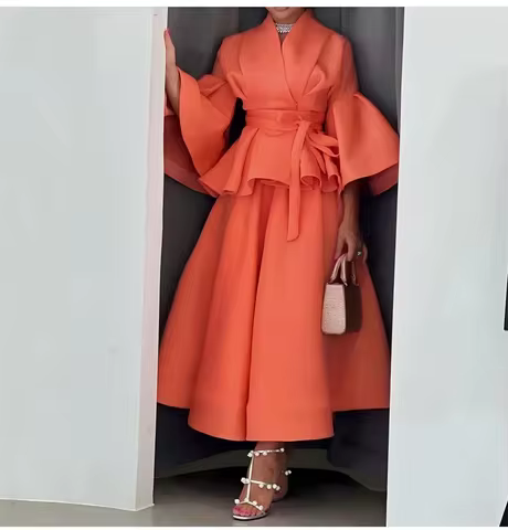 Customized Flare Sleeves 2 Piece Suit Dress Orange Evening Gowns Satin Cocktail Dress Ankle Length Wedding Party Dress 2026