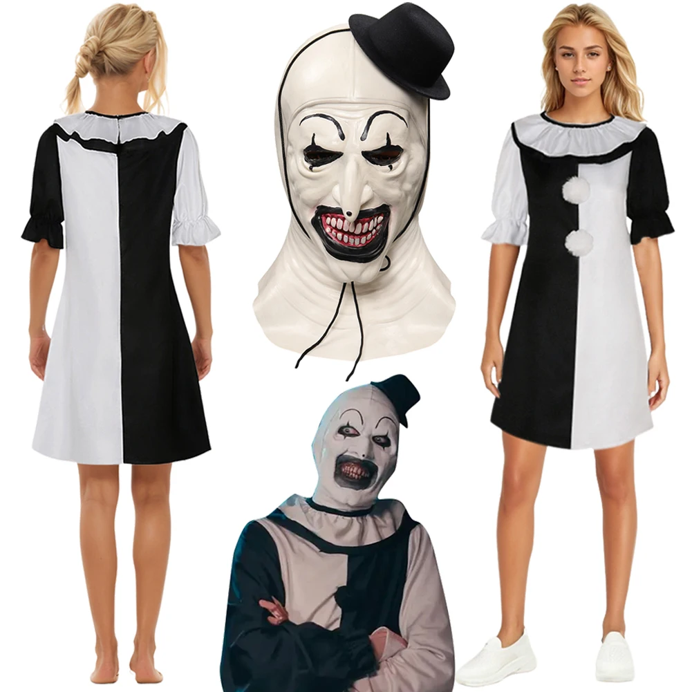 Art Clown Cosplay Terrifier Costume Mask Horror Hallowmas Carnival Party Skin-Tight Black White Clowns Dress Role Play Costume