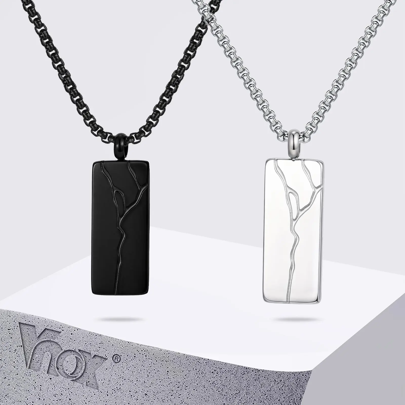 Vnox Cracked Square Pendant Necklace,  Adjustable Length Chain Pendant, Black Stainless Steel Jewelry Gifts for Men Husband Son