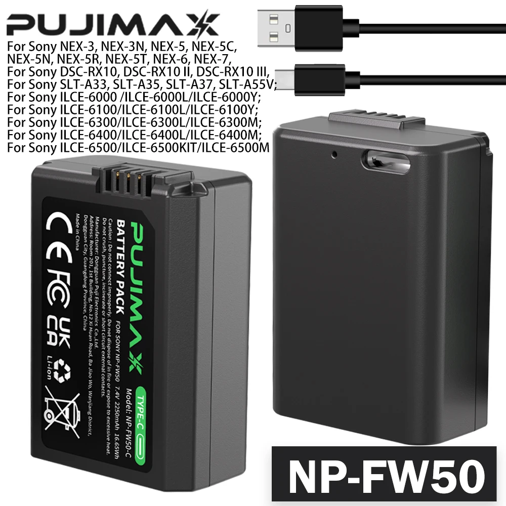 PUJIMAX New 2250mAh NP-FW50 NPFW50 Battery For Sony ZV-E10 Alpha A6400 A6000 A6300 A6500 A5100 A7 A7II A7RII A7SII A7S A7S2 A7R