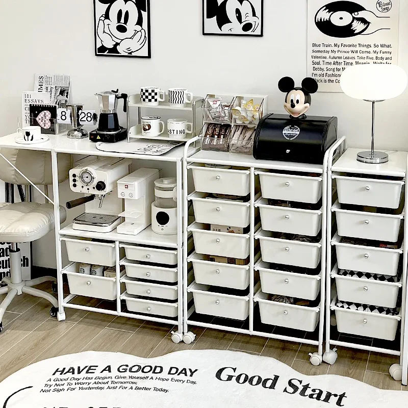 Salon Trolley Coffee Corner Shelf with Drawers, Restaurant Kitchen Oven Coffee Machine Storage, Movable Sideboard Cabinet 원목 트롤리