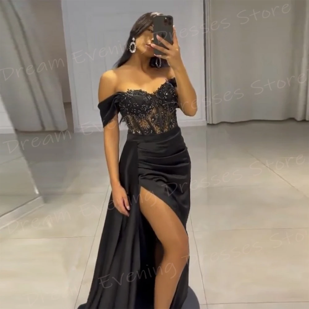 Classic Black Mermaid Pretty women's Evening Dresses Off The Shoulder Appliques abiti da ballo Sexy Side High Split Vestido De Noche